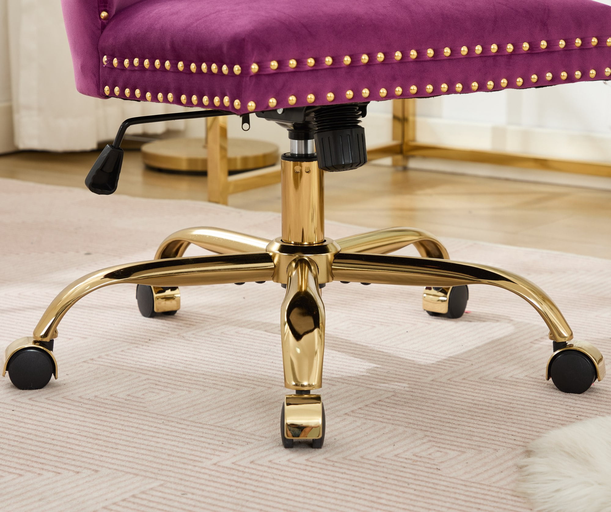 SESSLIFE Swivel Vanity Chair, Modern Office Chair with Wheels, Golden Metal Base, Velvet Upholstered Tufted Button Home Office Chair with Adjustable Height, Ergonomic Home Desk Chair, Purple