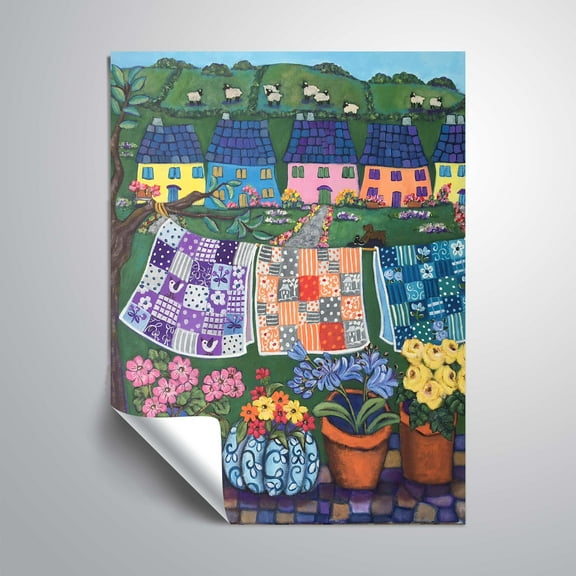 ArtWall Sheepish Hillsides with Cottages and quilts, Removable Wall Art Mural by Holly Wojahn