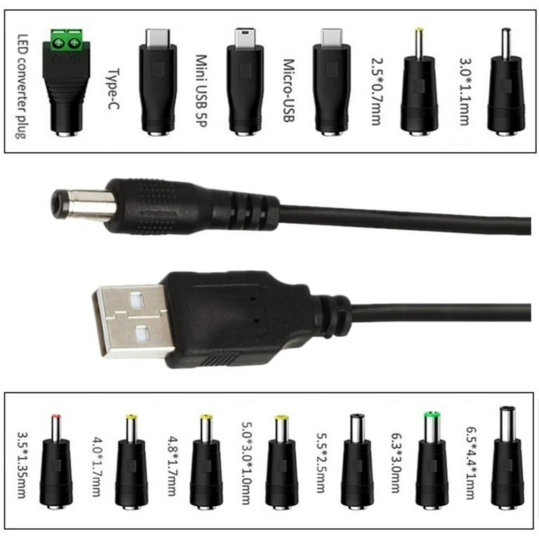 5V DC 5.5 2.1mm Charging Cable Power Cord, USB to DC Power Cable with 13  Interchangeable Plugs Adapters 
