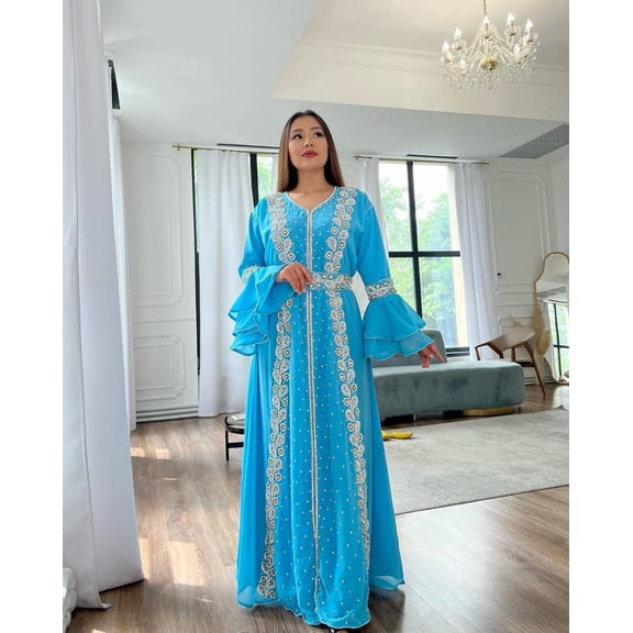 FIROZI COLOR HANDCRAFTED ZARI WORK STITCHED GEORGETTE KAFTAN PARTY DRESS