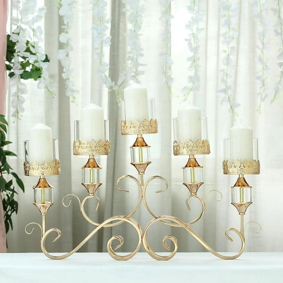 Efavormart 18” Tall 5 Arm Gold Metal Candelabra Centerpiece Crown Top Table Standing Hurricane Candle Holders With Glass Tube