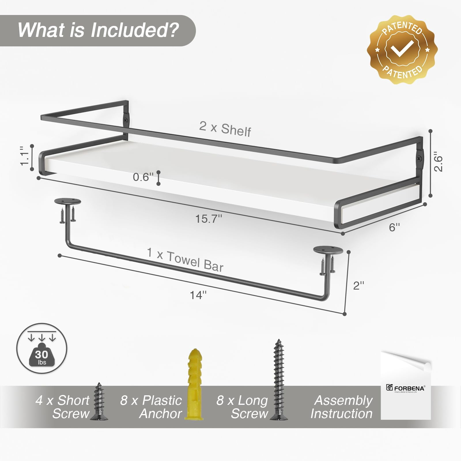 White Floating Shelves for Bathroom Organizer Over Toilet, Bathroom Shelves Wall Mounted with Towel Rack, Corner Wall Shelf for  Decor Kitchen Storage (White-Dark Grey, Set of 2)