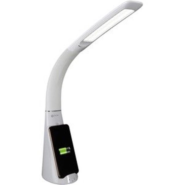 OttLite Technology Purify LED Desk Lamp with Wireless Charging & Sanitizing. This white desk lamp features ClearSun LED technology to reduce eyestrain and Visible Light Disinfection to sanitize against bacteria, mold, and fungi. It includes a Qi-wireless charging stand for phones, a USB charging port, and a flexible silicon neck adjustable from 12 to 22 inches. The lamp has three brightness settings and touch-activated controls, making it ideal for workspaces or study areas.