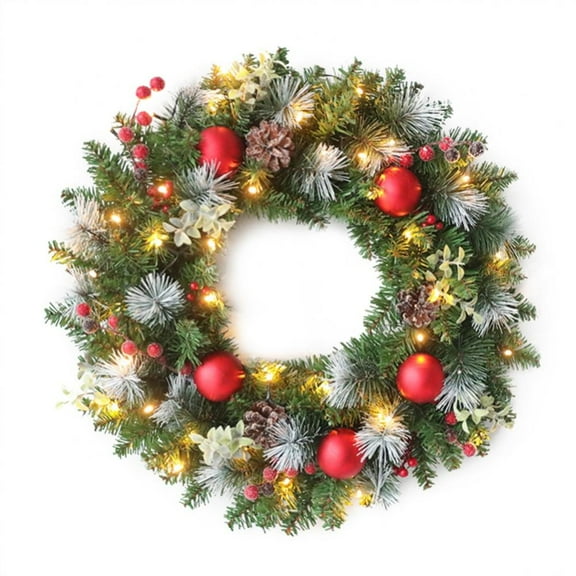 Pre-Lit Artificial Christmas Wreath, Green, Wintry Pine, White Lights, Decorated with Pine Cones, Berry Clusters, Frosted Branches, Christmas Collection, 15.7 Inches