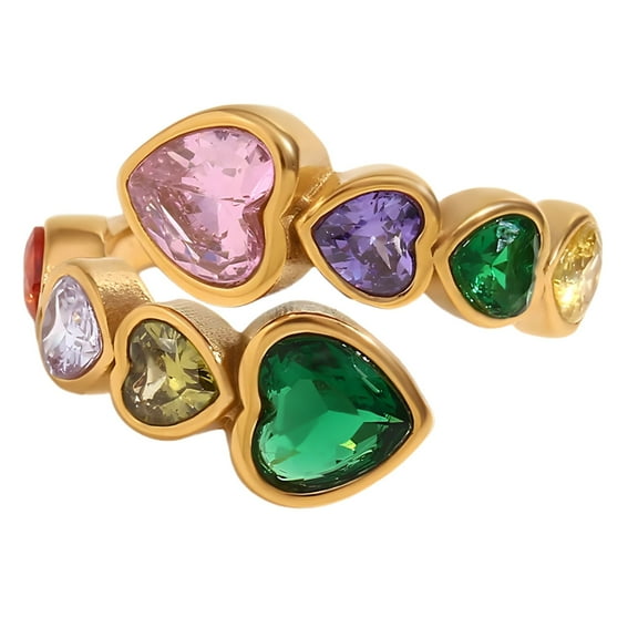 Gold Hearts Wrap Ring for Women 18kt Gold Plated Stainless Steel Adjustable Colorful CZ by Ginger Lyne Collection