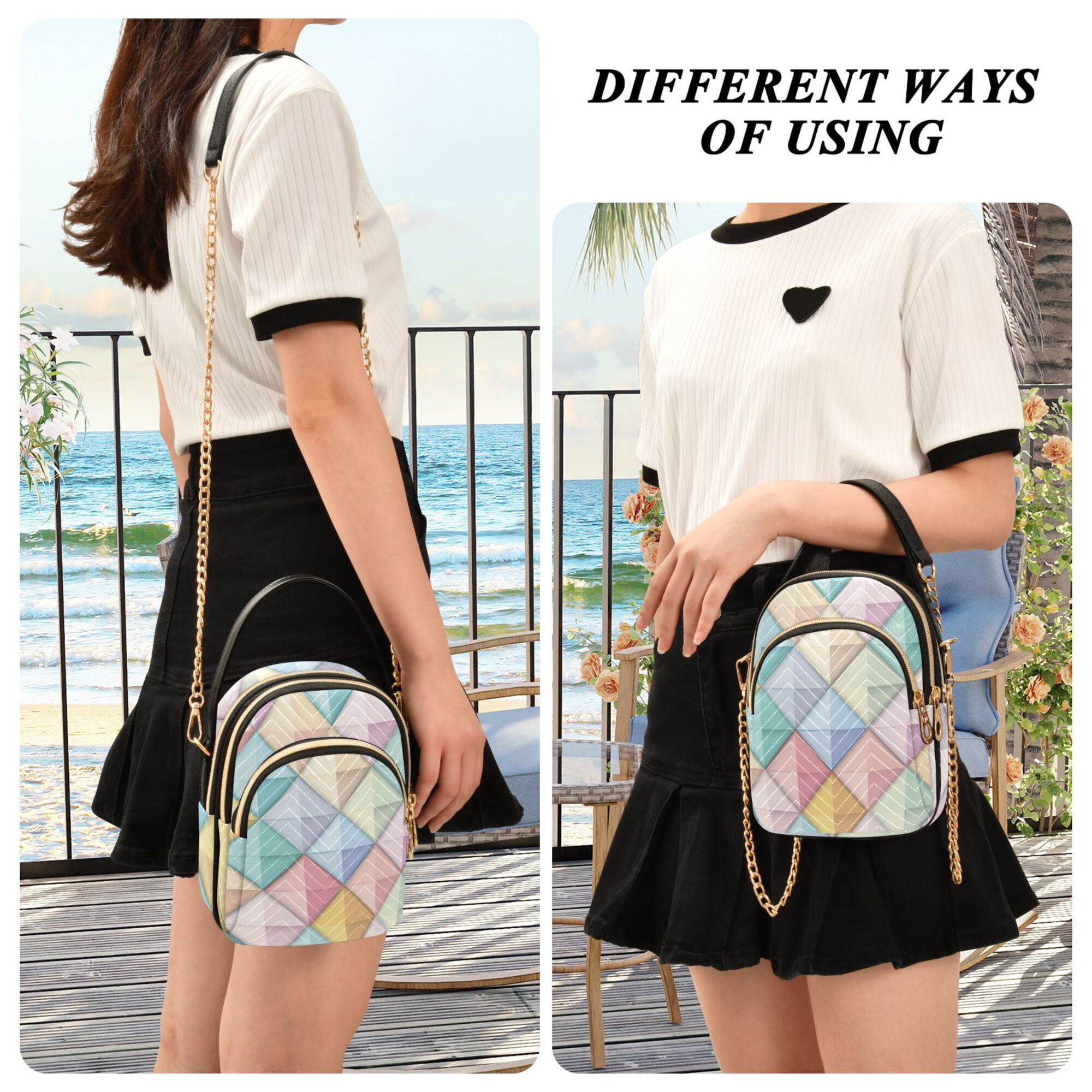 FORMRS Crossbody Bag for Women Quilted Travel Shoulder Cell Phone Purse with Chain Strap Handbag, Colorful Geometric