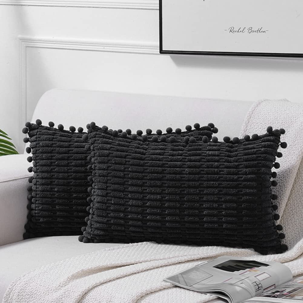 2 packs of black pillow cover 12x20 inches with pompom suitable for sofa bed living room soft Corduroy cute waist cushion cover 30x50 cm Walmart