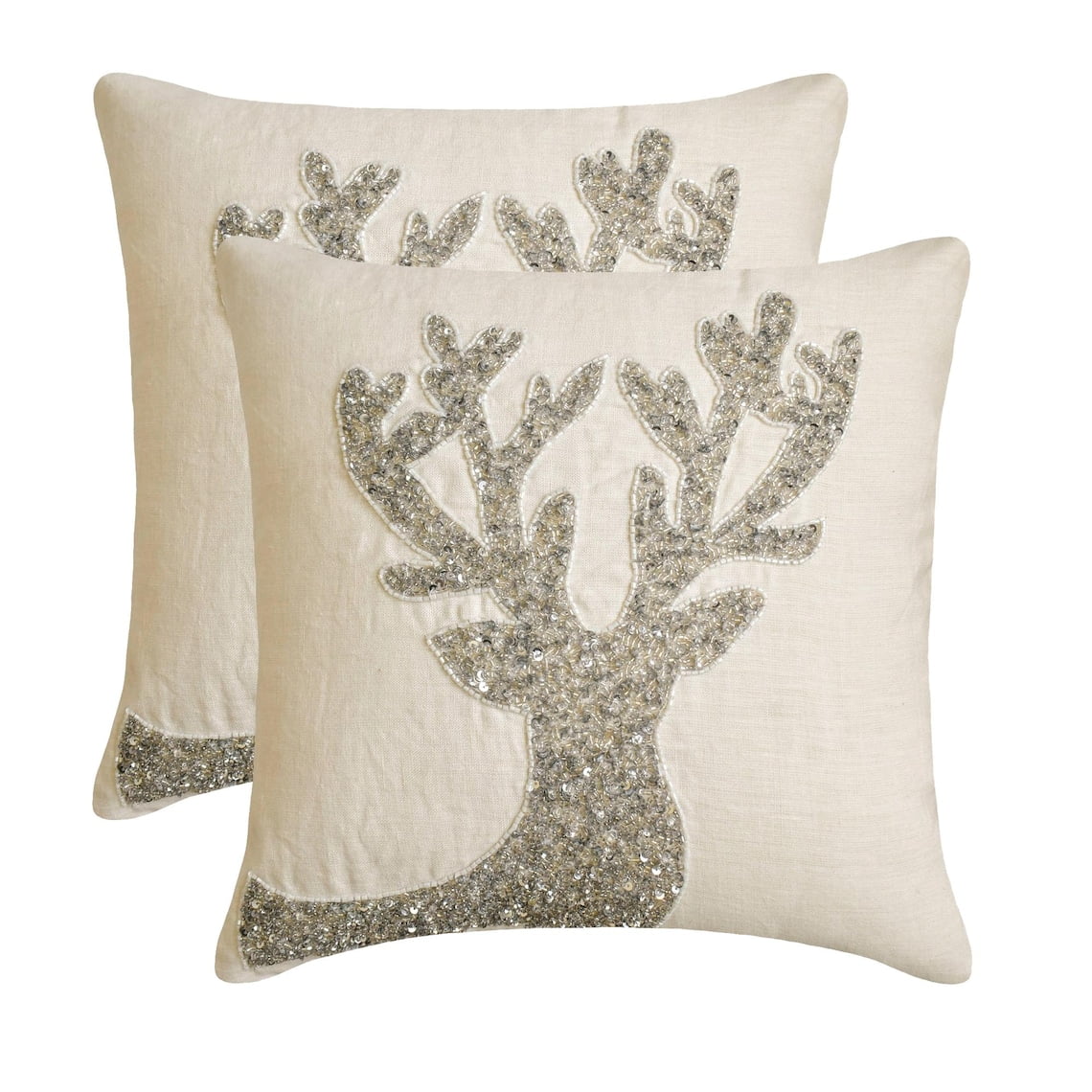 Holiday Decorative Throw Pillow cover, 16"x16" White & Silver Linen Pillowcase, Modern Reindeer Head Christmas Pillow Cover For Sofa Couch, Hotels, living Room, Bed Room - Dazzling Deer