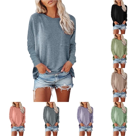 Autumn/Winter Round Neck Pocket Split Long Sleeve Casual Loose Top T Shirt for Woman Workout Shirts Loose Fashion Womens T Shirt Spandex T Shirt Women Women S Tops Short Sleeve Compression