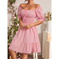 thumbnail image 4 of Pink Square Neck Ruched Waist A-Line Dress With Puffed Sleeves And Tiered Hem, 4 of 6