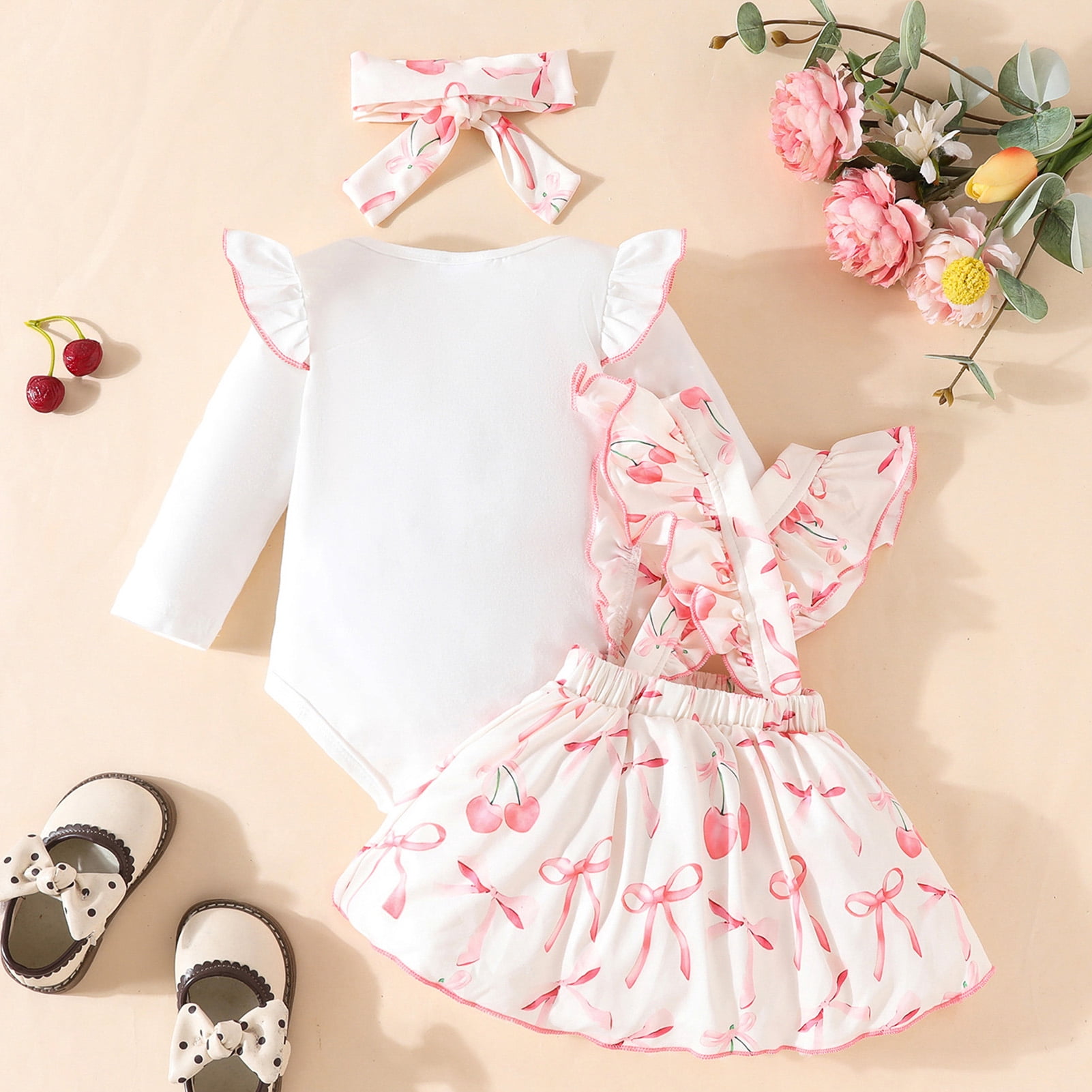 IWEMEK Newborn Baby Girl Clothes Ruffle Long Sleeve Romper Pink Bowknot Skirt 3 Pieces Fall Outfits Set Size 12-18M