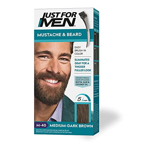 Just For Men Mustache & Beard, Beard Coloring for Gray Hair with Brush Included for Easy Application, With Biotin Aloe and Coconut Oil for Healthy Facial Hair - Medium-Dark Brown, M-40