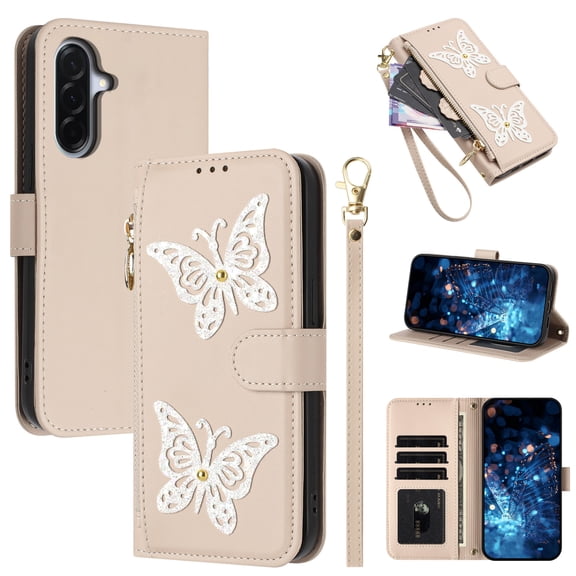 for Samsung Galaxy S26 Wallet Case, PU Leather TPU Protective Cover with Butterfly Design Zipper Pocket Card Slots Kickstand Shoulder Strap Wrist Strap Magnetic Clasp, Apricot