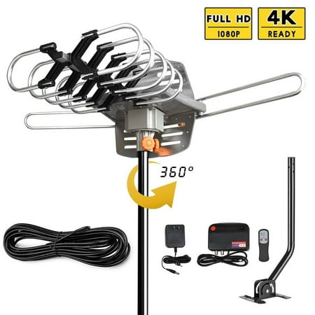 Outdoor Digital HD TV Antenna 150 Mile Range OTA Amplified HDTV Antenna Support 4K 1080p UHF/VHF/FM for 2 TVs - Motorized 360 Degree Rotation with 33ft Coax Cable,Antenna Mast