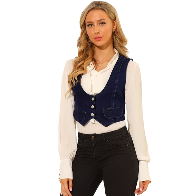 Chaleco de mezclilla con botones de mezclilla vintage sin mangas y espalda cruzada para mujer Azul M