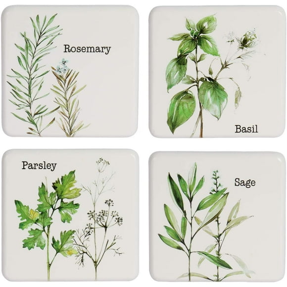 Herb Plant Collection Set of 4 Design s, 3-7/8" x 3-7/8" x 3/8", Basil, Rosemary, Parsley, Sage