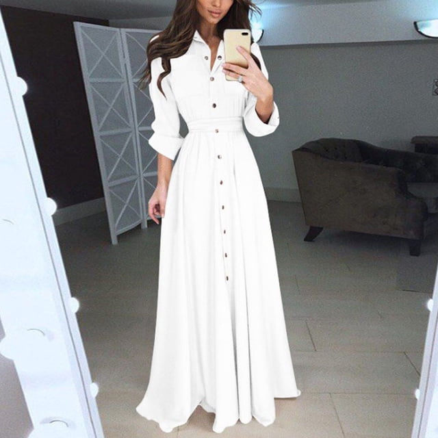 ICHUANYI Clearance Fashion Women Sexy Long Sleeve Solid Dress Buttons Party Bandage Dress(White, XL) ICHUANYI WER2023080907529