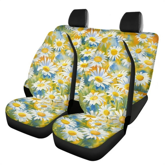 Kuiaobaty Daisy Flower Pattern Soft Full Set Car Seat Cover Fit Four Seasons 4 PCS Vehicle Seat Protector Seat Cushion Covers Interior Accessories Fit Most SUV Van Car Truck