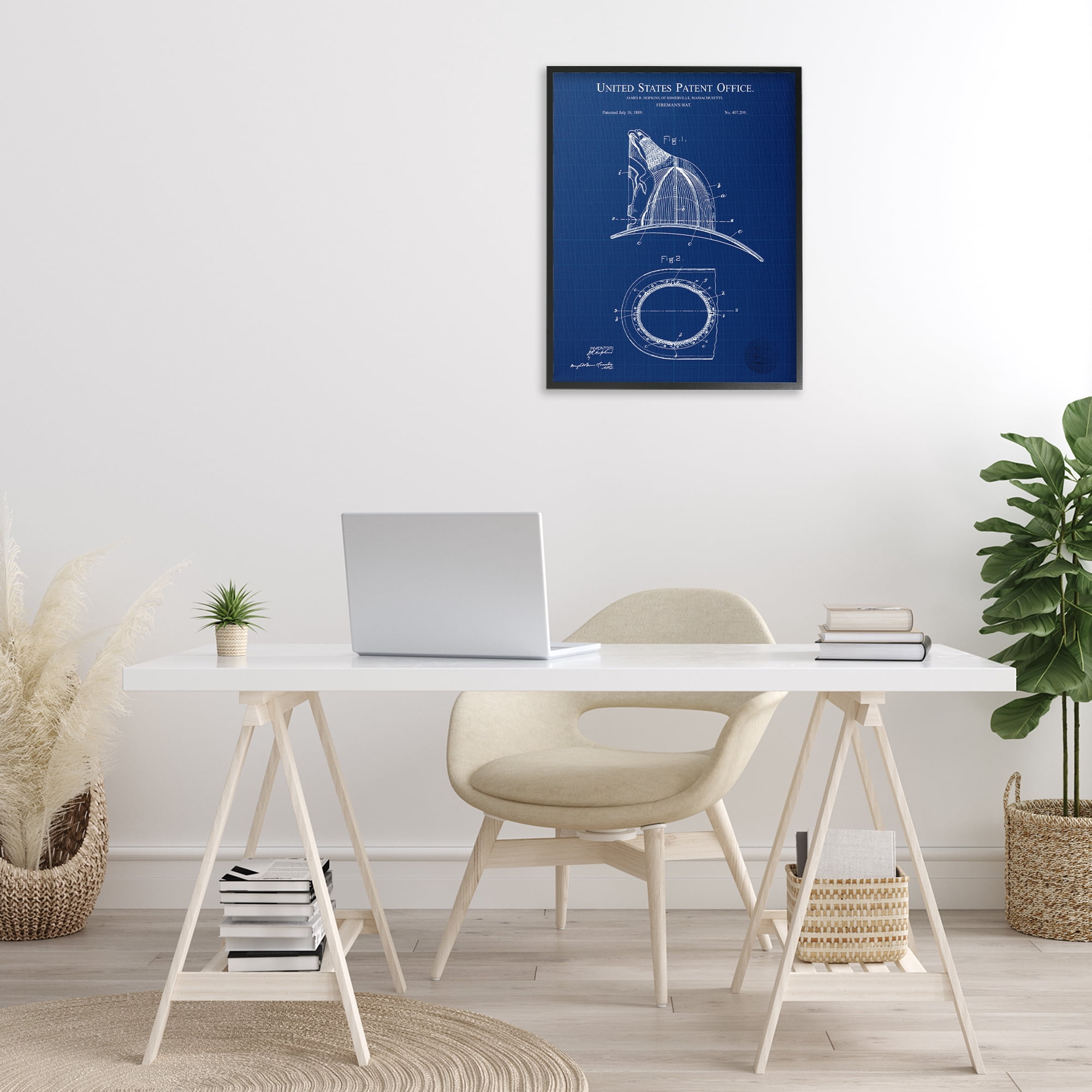Stupell Industries Fireman's Hat Blueprint Typography Painting Black Framed Art Print Wall Art, 24 x 30