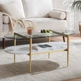 thumbnail image 3 of Rectangle Coffee Table Mid-Century Modern Design L W x H for Living Room - Structure Amber Glass Top and Walnut MDF Shelf Sleek Conical Metal Legs with Gold Finish, 3 of 9