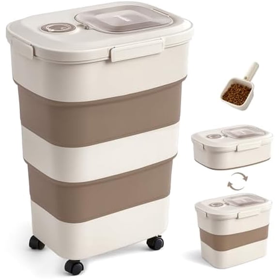 40-50lbs Dog Food Storage Container, Large Capacity Collapsible Airtight Pet Food Storage Containers with Rolling Wheels, Transparent Lid, Scoop and Date Track, Brown