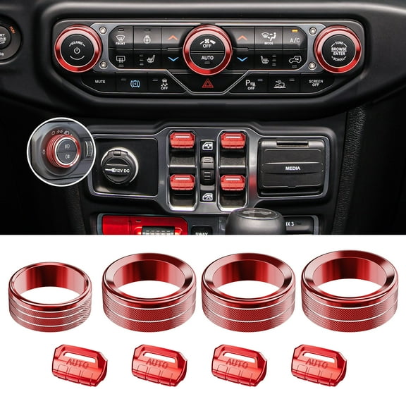 DIAMOOKY Jeep Wrangler & Gladiator Accessories Metal Button Knob Cover, Window Switch Button Cover Volume Radio Air Conditioner Headlight Switch Knob Cover, 8PCS, Red