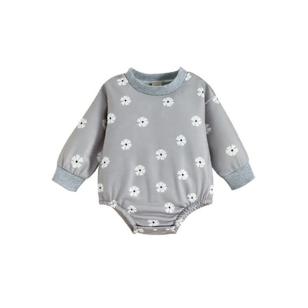 

Amuver Baby Girls Autumn Casual Romper Gray Long Sleeve O Neck Floral Print Casual Playsuit