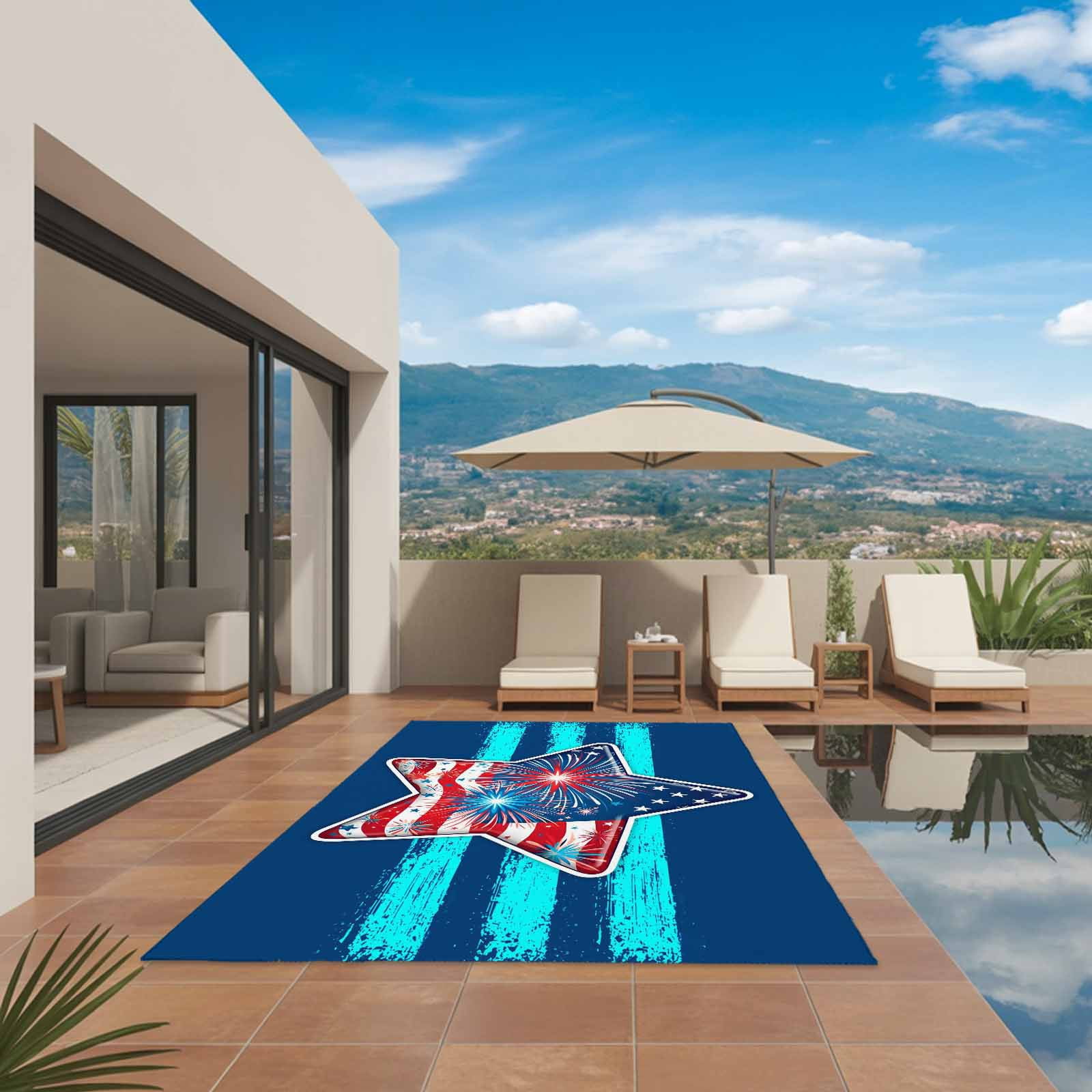 Patriotic USA Flag Outdoor Rug 5x7 Ft, Non Slip Washable Area Rug, Independence Day Firework Blue Striped Patio Rugs Carpet Runner, Large Floor Mat for Indoor/Outdoor Deck Porch Camping