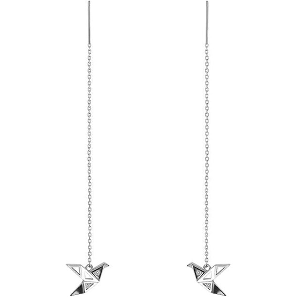 Pendientes colgantes con diseño de grulla de papel de origami, plata de ley, buena suerte, lindo enhebrador de borlas, cadena larga, línea de oreja, pendientes minimalistas, regalos de joyer