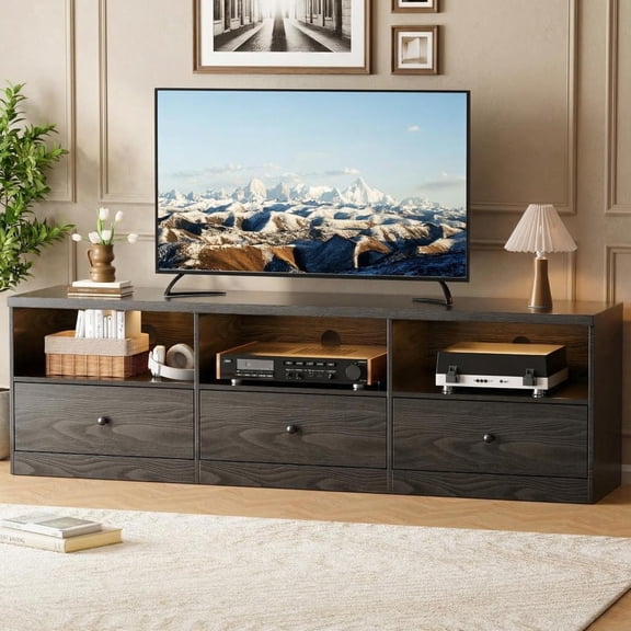 TV Stand with 3 Storage Drawers, Modern Entertainment Center with Open Shelves, 75 in Wood Media Console Television Stand Cabinet for Living Room, Bedroom, Black