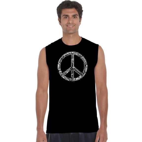 LA Pop Art Men's Word Art Sleeveless T-shirt - THE WORD PEACE IN 77 LANGUAGES