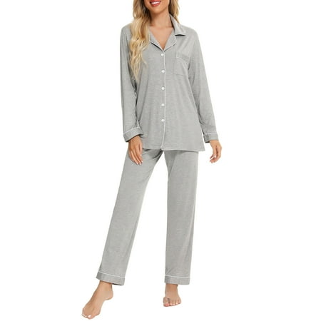 

Summer Savings Clearance Set! MIARHB Women s Pajama Long Sleeve Button Sleepwear Gray S