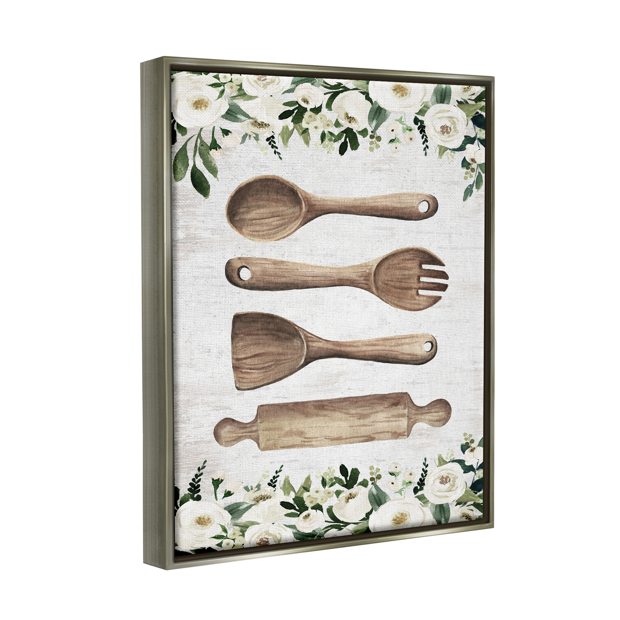 Stupell Industries Kitchen Utensils & Roses Botanical & Floral Painting Gray Floater Framed Art Print Wall Art, 17 x 21