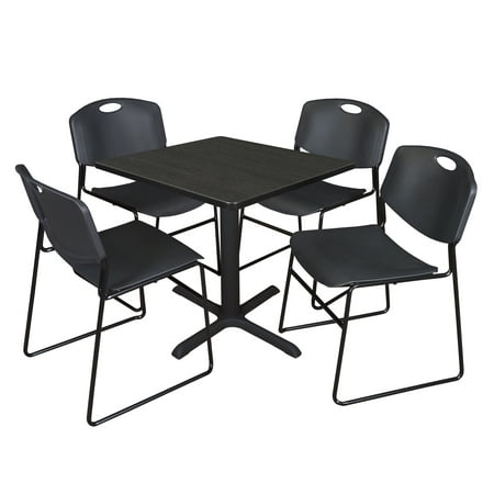 UPC: 0192357141649 | Regency Cain 30 in. Square Breakroom Table- Ash Grey & 4 Zeng Stack Chairs- Black
