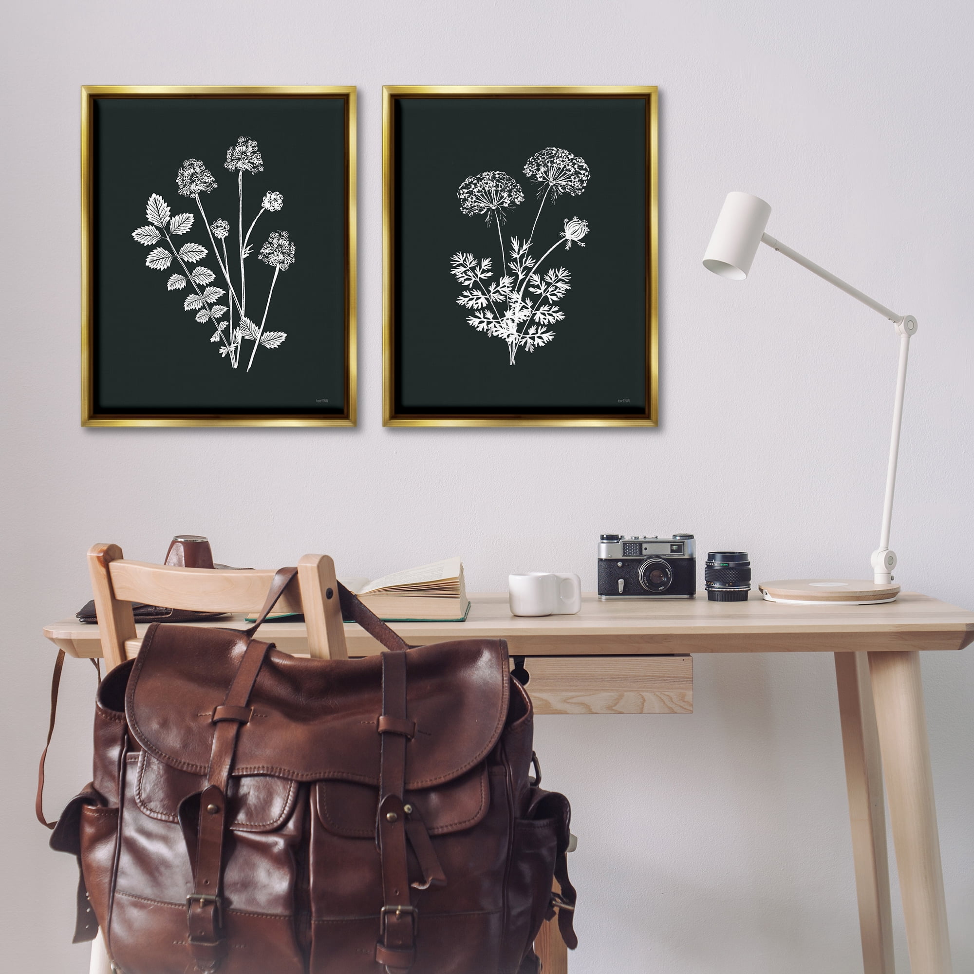 Stupell Industries Black and White Flower Cluster Plants & Flowers Painting Gold Floater Framed Canvas Art Print Wall Art, 31 x 25, Set of 2