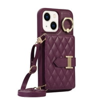 Dteck Wallet Crossbody for iPhone 13 Case with Lanyard Wrist Strap Credit Card Holder, PU Leather Protective Phone Case with Ring Holder,Deep Purple