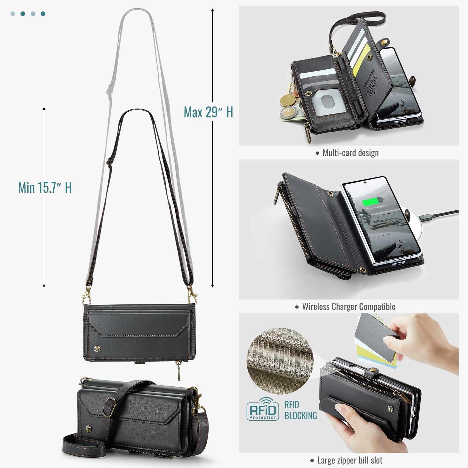 Asuwish Compatible with Samsung Galaxy Z Fold 7 5G 2025 Zipper Wallet Phone Case With pen slot Crossbody Lanyard Strap Flip Card Holder Slot Cell Cover for ZFold7 Z7 G Fold7 7Z Women Girls Black