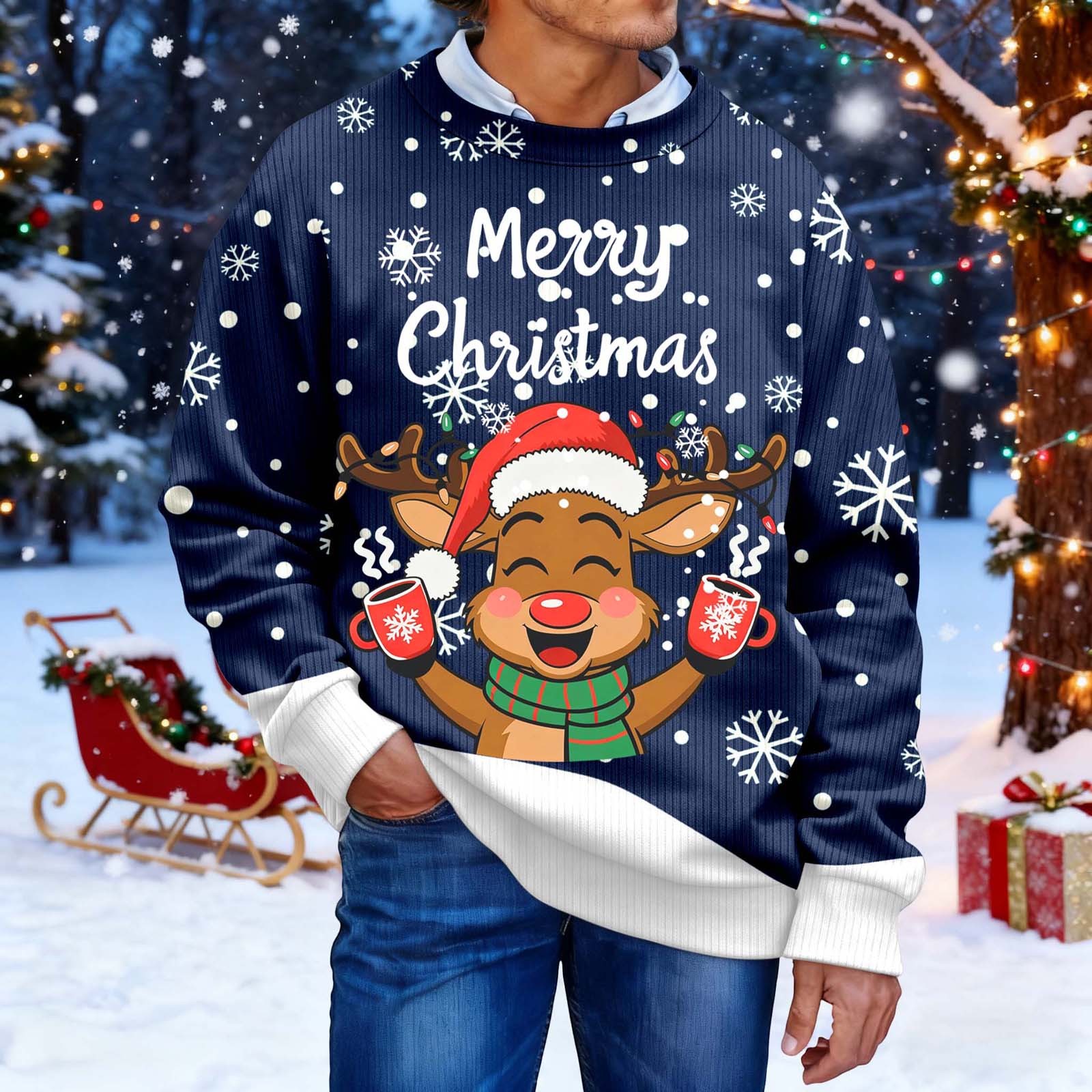 Christmas Sweater Men Sweaters Funny Sweatshirt Knit Plus Size Big and Tall Holiday Vacation Elf Adult Sweatshirts