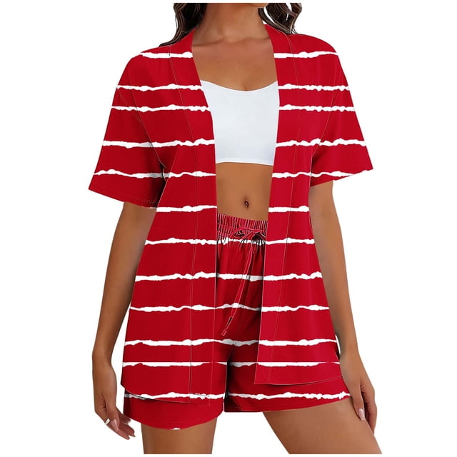 Daiosportswear Ensemble 2 Pcs d'Été à Rayures pour Femmes, Chemise à Manches Courtes Boutonnée, Ensemble 2 Pcs pour Femmes Rouge-N m(m)