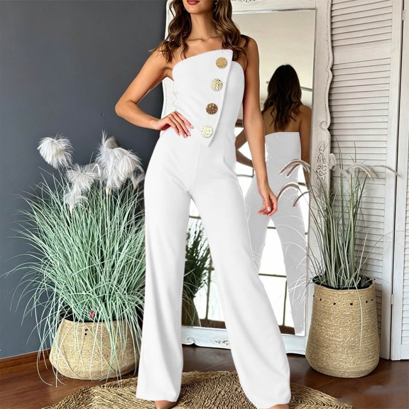 Strapless Jumpsuits for Women Wide Leg Sleeveless Off Shoulder Rompers Causal Button Irregular One Piece Outfit, M