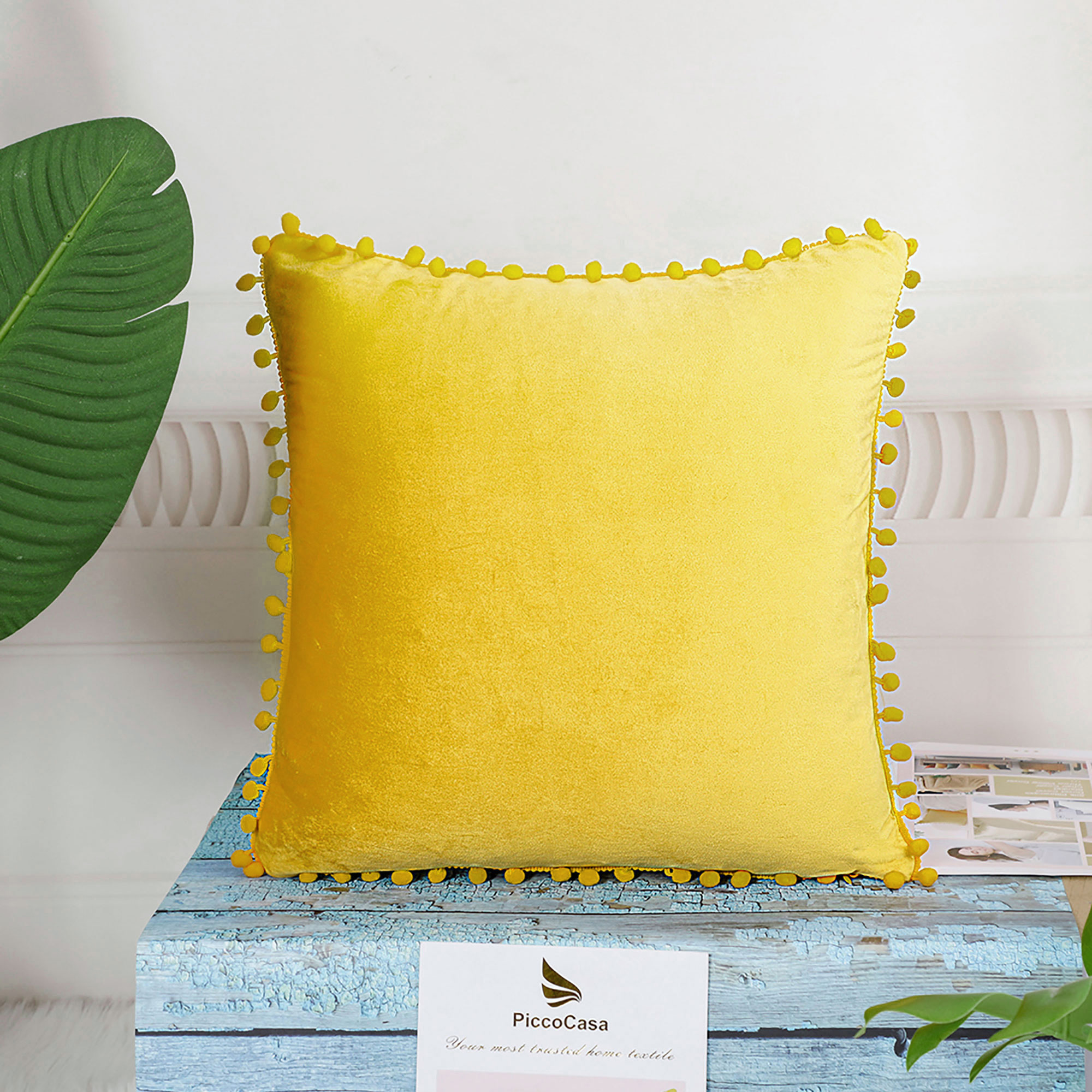 Unique Bargains Velvet Pillow Cover with Pompoms for Sofa 1PCS Golden Yellow 16x16Inch
