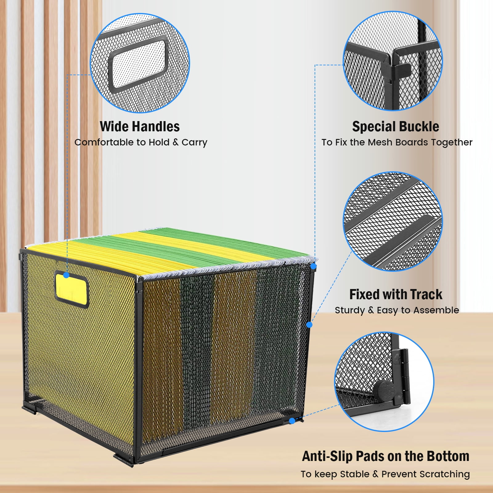 Hanging File Organizer Metal File Holder Box with Handle Letter Sized Metal File Basket Space Saving Hanging Filing Box Mesh File Box Storage Crate Foldable Desktop File Organizer for Home Office
