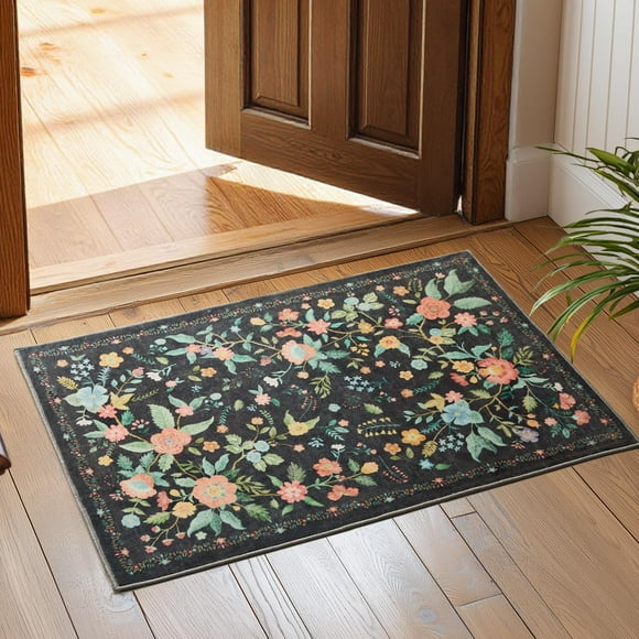 Alfombra AMADA 60x90 cm Lavable Antideslizante con Diseño Floral Boho