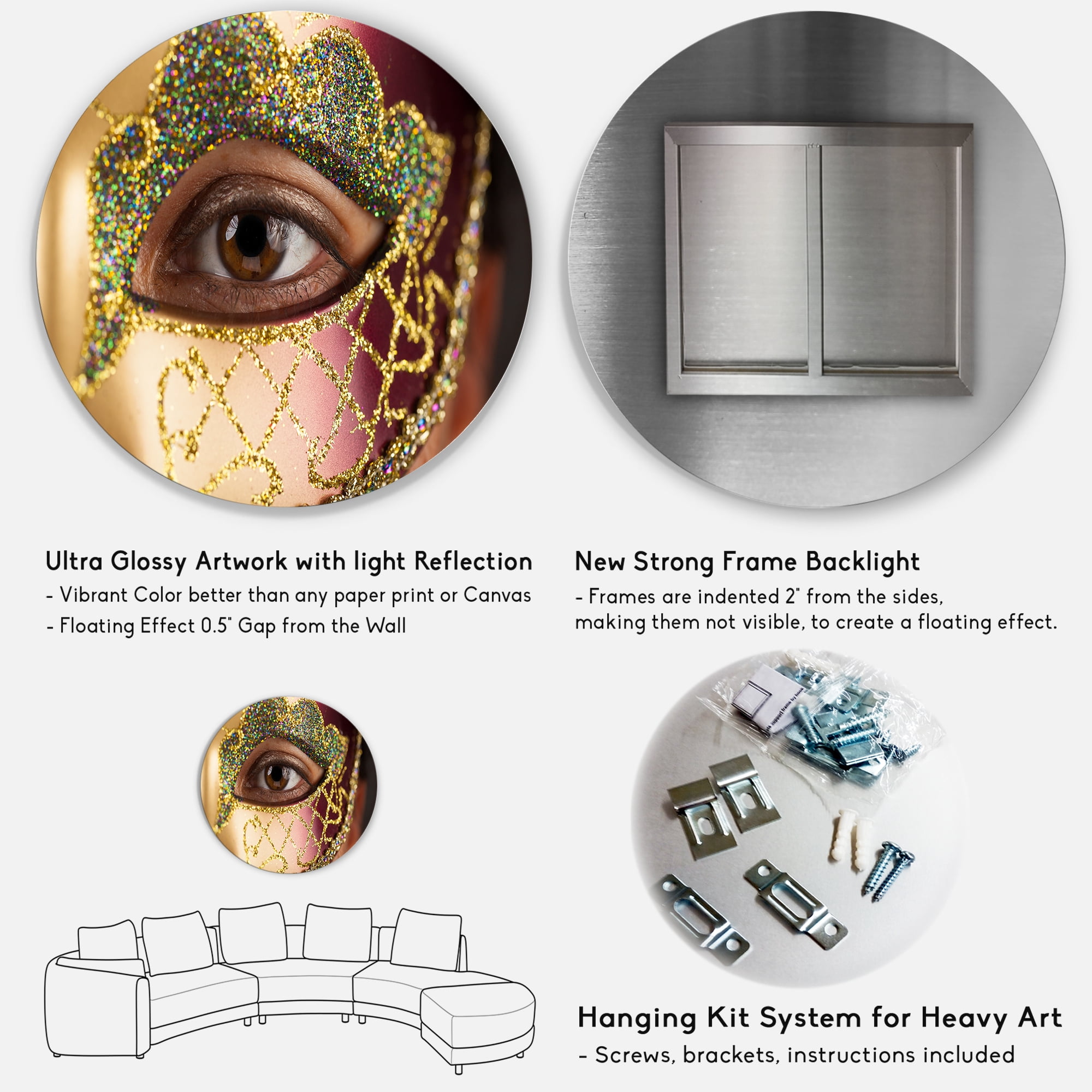 Designart 'Girl With Venetian Mask' Modern Circle Metal Wall Art 36x36 - Disc of 36