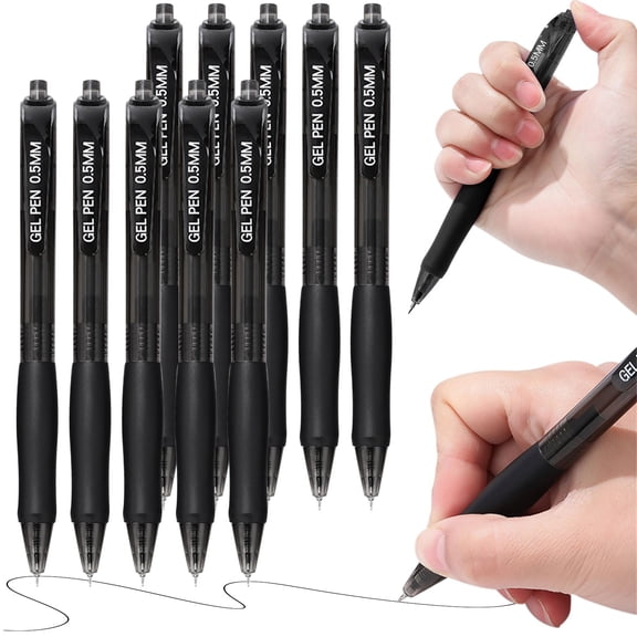 10-Pack Black Retractable Gel Pens, 0.5mm Needle Point Quick-Drying Ink, Smooth Writing Pens for Students