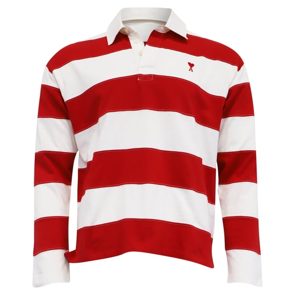 Ami Striped Ami de Cur Long Sleeve Polo Shirt in Red and White Cotton