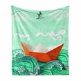 thumbnail image 1 of Ocean Soft Flannel Fleece Throw Blanket, Navy Sealife with Waves and a Paper Sail Ship with Travel Words Image, Cozy Plush for Indoor and Outdoor Use, 60" x 80", Sky Blue Orange, by Ambesonne, 1 of 6