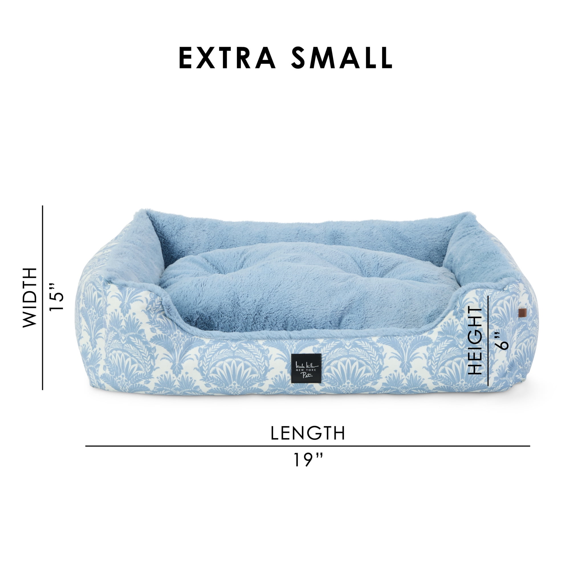 NICOLE MILLER NEW YORK PET Mod Damask Plushy Bolster Pet Bed, Cozy & Calming, Water Repellent, Non-Slip Bottom, 100% Machine Washable, Blue, Extra Small 19"x15"x6"
