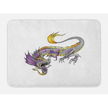 Japanese Dragon Bath Mat, Ethnic Far Eastern Beast Fiery Monster with Scales Fangs and Tail, Non-Slip Plush Mat Bathroom Kitchen Laundry Room Decor, 29.5 X 17.5 Inches, Grey Violet Yellow, Ambesonne