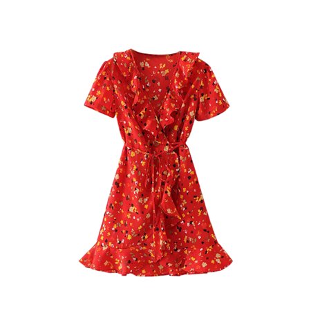 Ruffle Neck Wrap - Babula Women V Neck Ruffled Floral Wrap Laces Mini Dress
